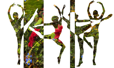 Double exposure of dancer silhouettes and red flowers