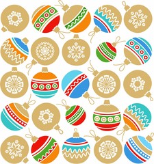 White background, Christmas toys, Golden balls, blue, orange, seamless. 