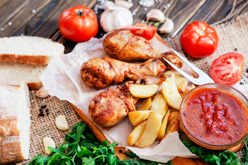 baked chicken legs in garlic marinade with baked potatoes , sauce , tomatoes , bread and herbs on wooden background