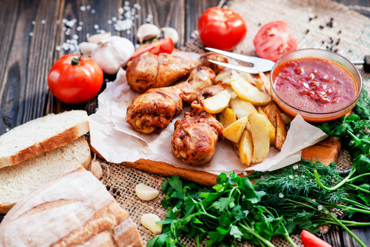 baked chicken legs in garlic marinade with baked potatoes , sauce , tomatoes , bread and herbs on wooden background