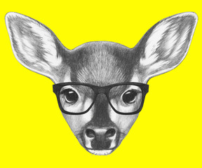 Portrait of Fawn with glasses. Hand drawn illustration.
