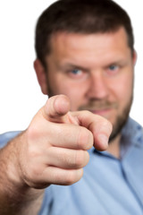 Businessman with beard pointing her finger