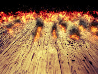  fire flames on a wood table background