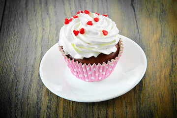 Cake with Cream, Cupcake on Wood