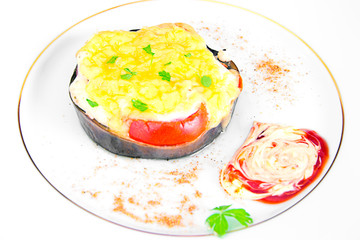 Diet and Healthy Food: Braised Eggplant with Tomato and Cheese.