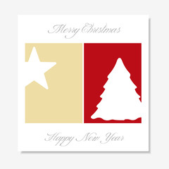 Christmas card with tree and star silhouette on red and gold background. Gift card with merry christmas and happy new year label text. Modern and minimal style cover for wishes.