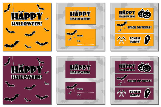 Collection of halloween backgrounds, gift card and banners with bat patterned backgrounds and custom scary fonts. Holiday vector banners for halloween in orange and purple color.