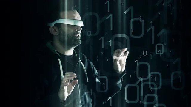 Virtual reality glasses, futuristic hacker, black background 4K
