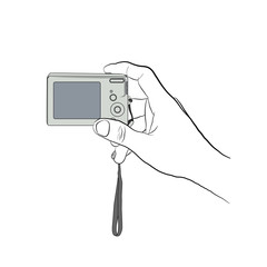 Male hand line art style with colored digitl camera. Man holding digital camera. Man pushing button on digital camera. Hand with digital camera on transparent background.