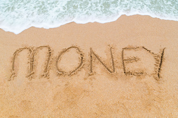 MONEY inscription written on sandy beach with wave approaching