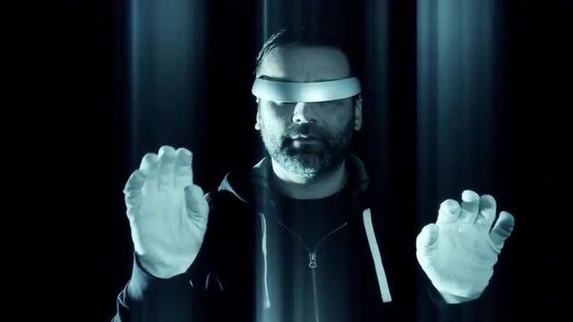 Futuristic hacker hacking concept, virtual reality glasses