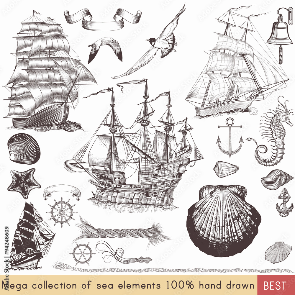 Poster collection of vector nautical elements on theme of sea
