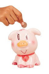 hand girl save money with pink piggy pank isolate background
