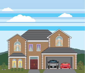 House with open garage. 2 cars, open garage, brick real estate.