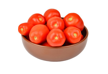 Tomato in clay dish, isolated on white background