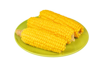 Cob of corn on green plate, isolated on white background