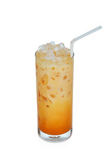 Iced milk tea with straw isolated on white background