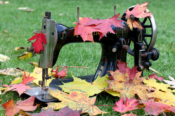 alte Nähmaschine mit Herbstlaub bedeckt