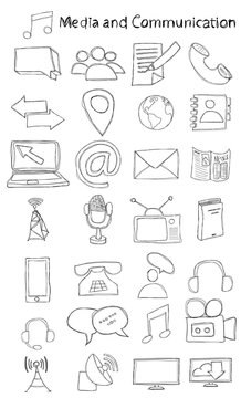 Vector, hand drawn, doodle media and communication icon set.