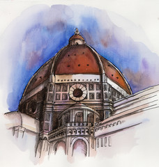 the famouse buillding of the Florence's Santa Maria hand drawing watercolor isolated on the white background