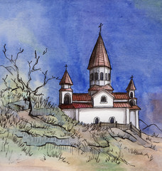 the Armenia church hand drawing watercolor isolated on the white background
