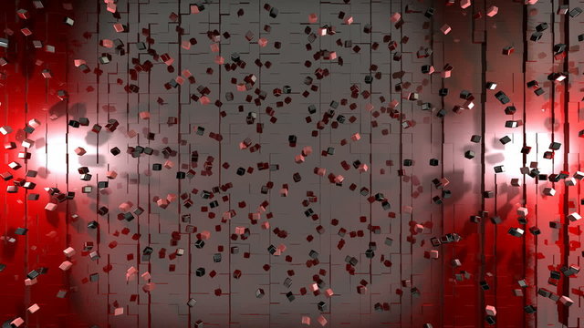 An abstract red texture convulsing red cube texture with various colored red cubes spinning and panning across the screen