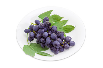 Bunch of dark blue grapes on a white dish