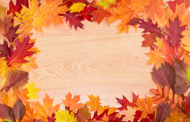Fototapeta premium Frame of autumn leaves on a wooden surface