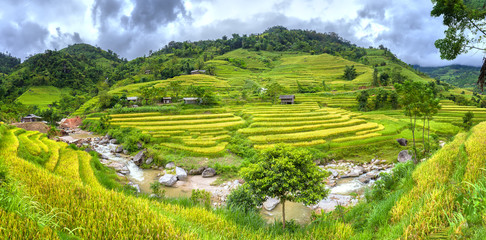 The beauty of the little village by the stream with the curve of terraces create rustic paintings of the countryside northwest Vietnam