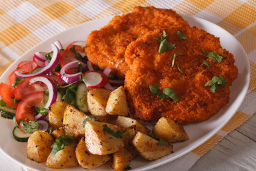 serving of schnitzel, fried potatoes and salad closeup. horizontal
