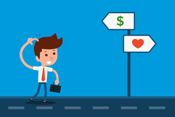 Businessman confusing signpost.