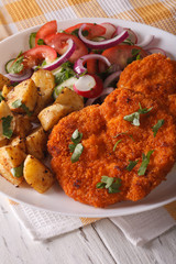 Wiener schnitzel, fried potatoes and vegetable salad closeup. vertical
