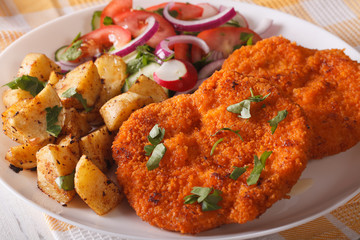 Delicious dinner: Wiener Schnitzel, fresh salad and fried potatoes 
