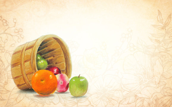 Autumn Harvest Background, Vintage Light Brown Sepia Tone Paper With Faint Flower Design With Oil Pastel Painted Bushel Basket Of Fruit Of Apples Oranges Peach And Pear With Copyspace For Adding Text