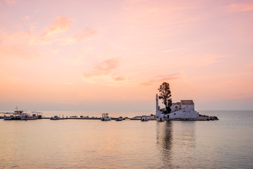 Obraz premium scene of Vlacherna monastery at sunrise, Kanoni, Corfu