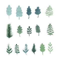 Collection of vector watercolor hand draw leaves and branches