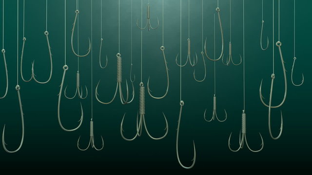 A pan of an array of fishing hooks in various sizes and shapes dangling under green water