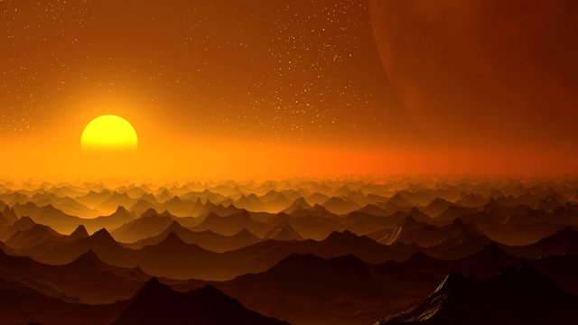 Sunrise on an alien planet and a huge moon. Hilly stone desert covered with an orange fog. Slowly rises over the horizon a bright yellow sun. In the shadow of the mountains huge planet (moon). 
