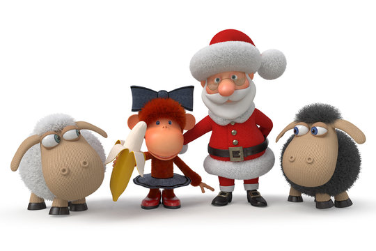 3d Santa Claus with the monkey and lambs