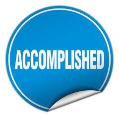 accomplished round blue sticker isolated on white