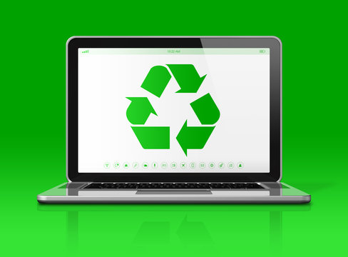 Laptop with a recycle symbol on screen. environmental conservati