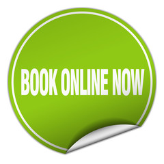 book online now round green sticker isolated on white