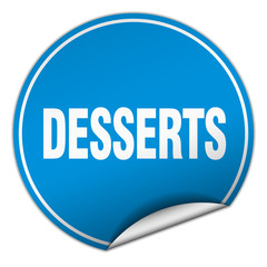 desserts round blue sticker isolated on white