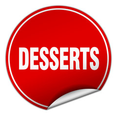 desserts round red sticker isolated on white