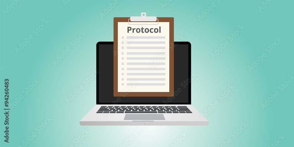 Poster protocol concept rules in front of computer or notebook