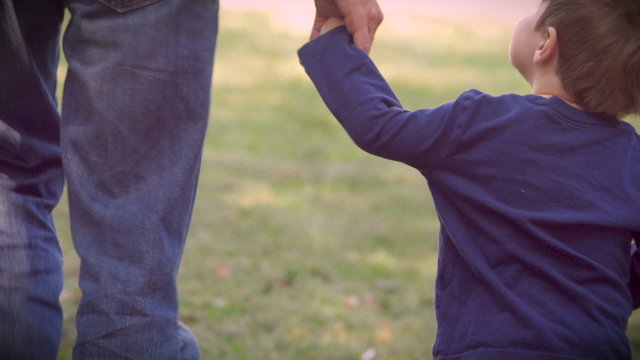 A father and son holding hands and walking away from the camera on green grass in a park or back yard somewhere when the little boy briefly looks up at the man while walking away.