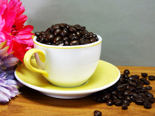 studio shot of coffee beans on wooden background still life