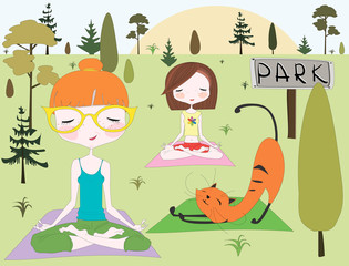 People making yoga in park