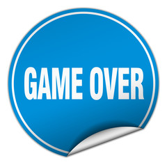game over round blue sticker isolated on white