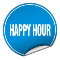 happy hour round blue sticker isolated on white